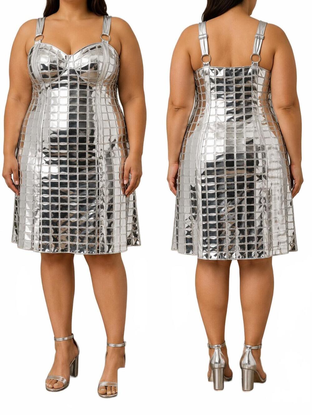 Xplus Wear Ladies Silver Metallic Disco-Ball Statement Sheath Style Dress